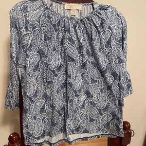 MICHAEL Michael Kors White and Blue 3/4 Sleeve Blouse